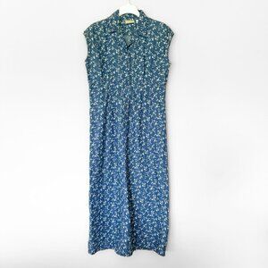 VTG Denim Collared Maxi Shirt Dress Floral Women 12 Cottagecore Farm High Waist